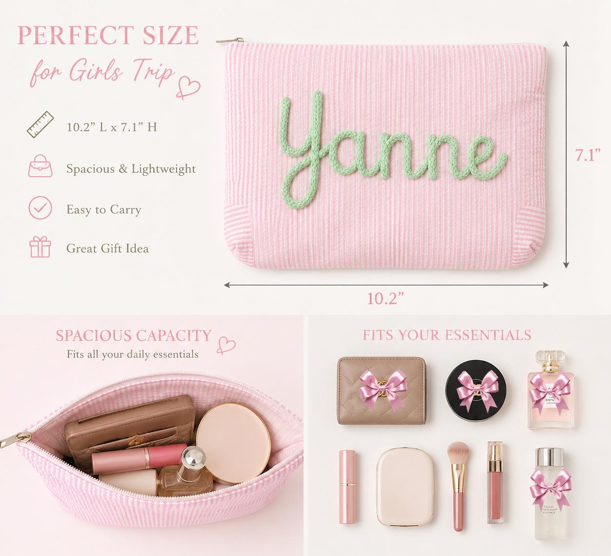 Personalized Makeup Bag, Girls Graduation Gift, Seersucker Cosmetic Bag, Girl Travel Makeup Bag, Custom Name Toiletry Bag, Summer Beach Bag