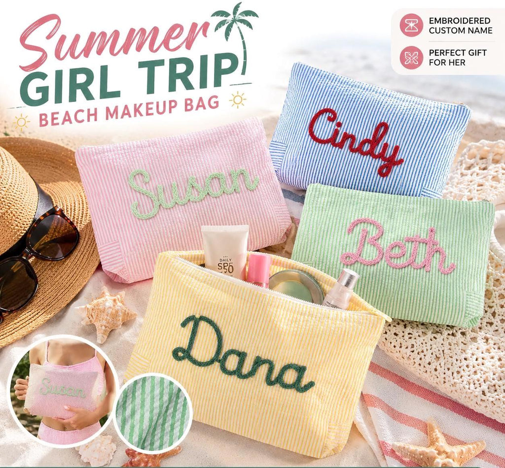 Personalized Makeup Bag, Girls Graduation Gift, Seersucker Cosmetic Bag, Girl Travel Makeup Bag, Custom Name Toiletry Bag, Summer Beach Bag