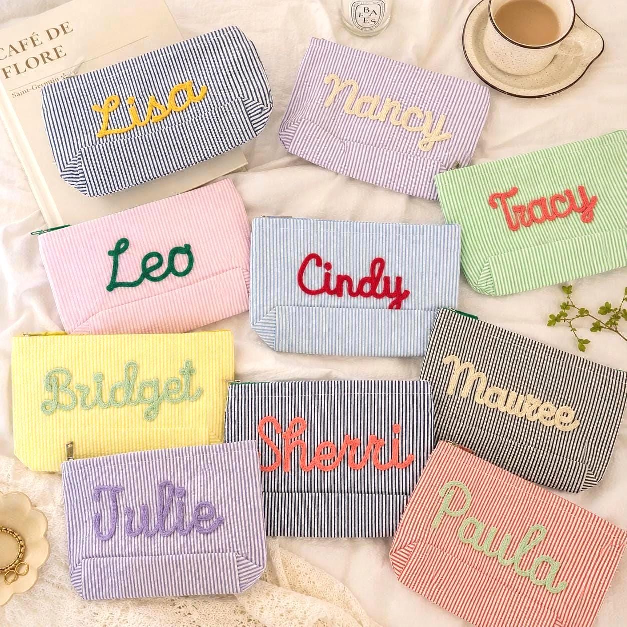 Personalized Makeup Bag, Girls Graduation Gift, Seersucker Cosmetic Bag, Girl Travel Makeup Bag, Custom Name Toiletry Bag, Summer Beach Bag